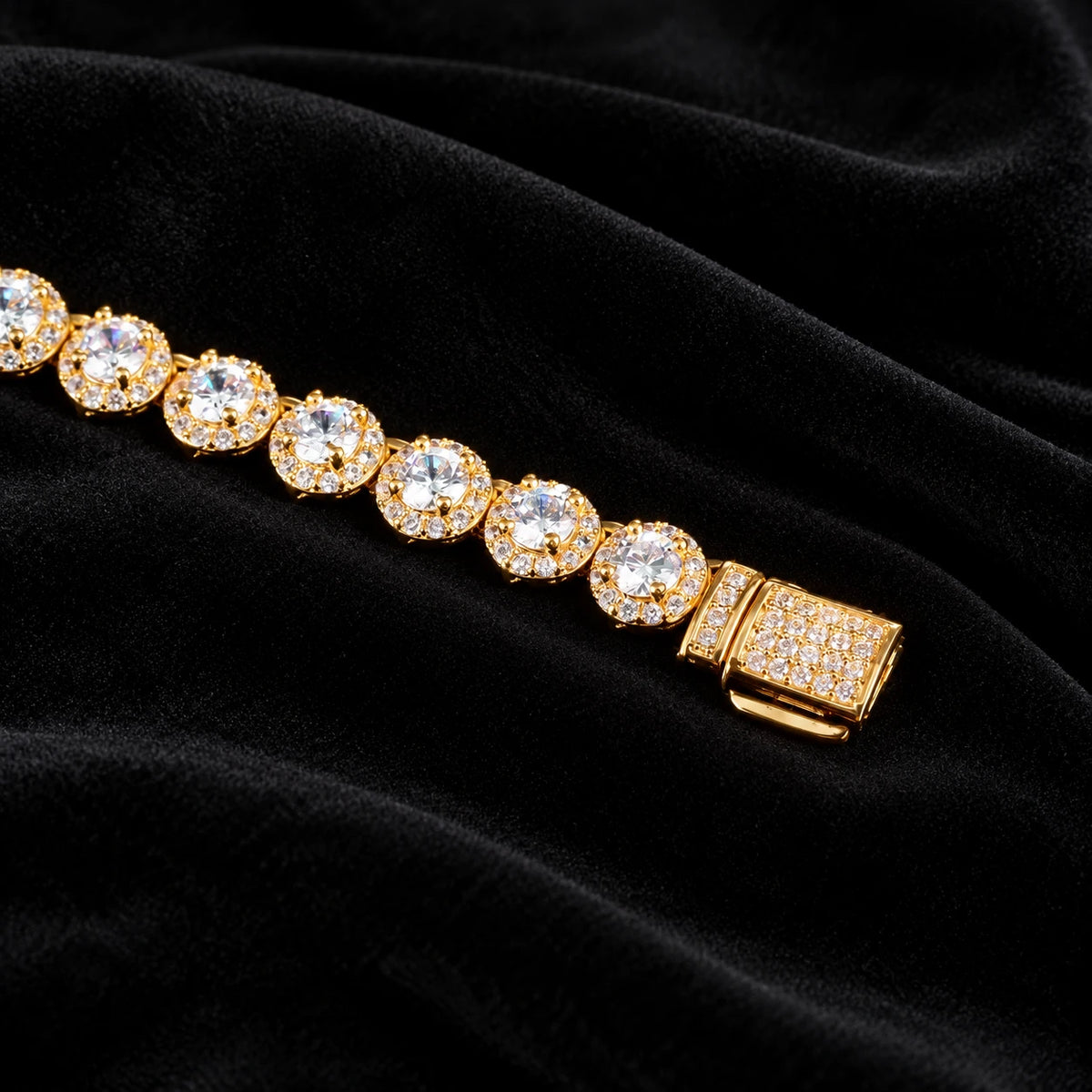 7mm Round Cluster Tennis Bracelet — original finish on black velvet with moissanite fire