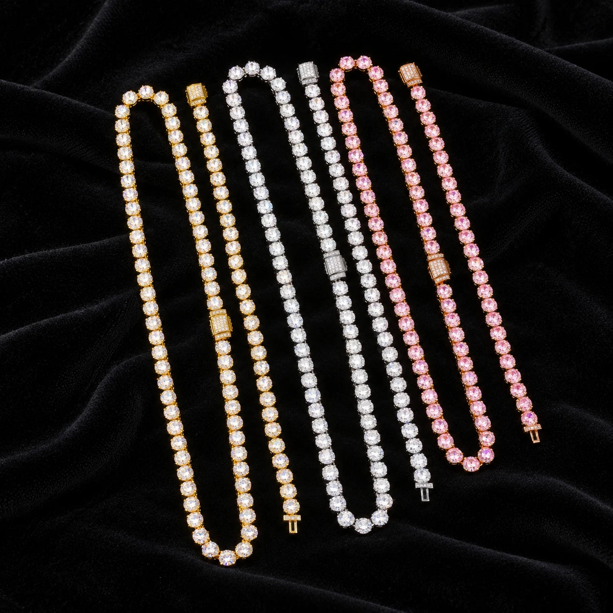 7mm Round Cluster Tennis Chain — original finish on black velvet with moissanite fire