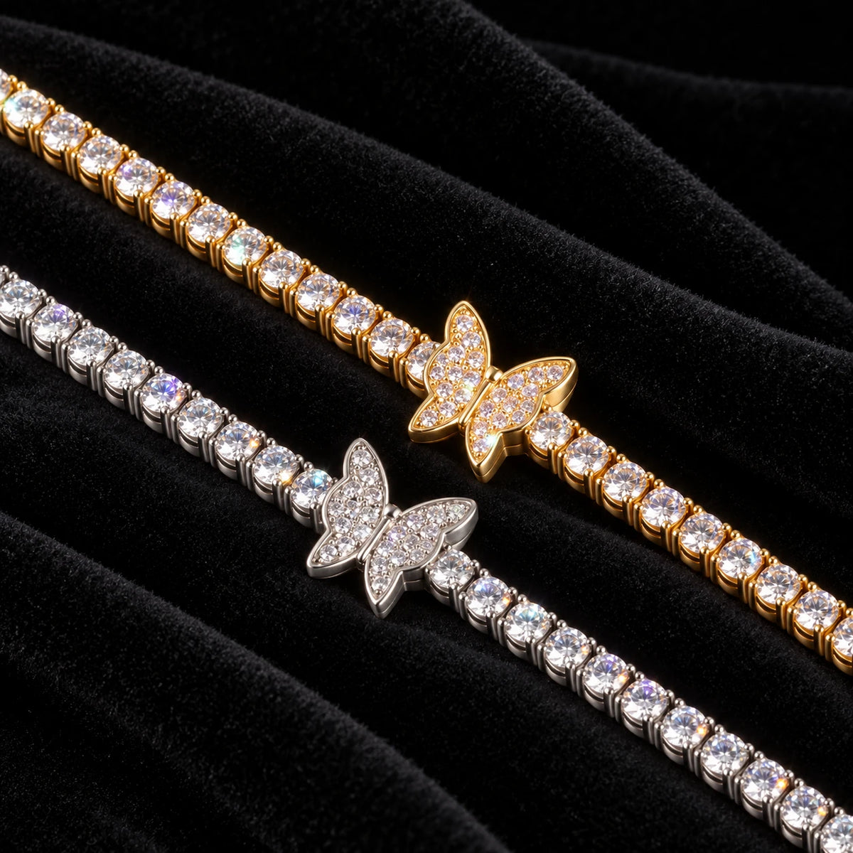 4mm Butterfly Tennis Bracelet — original finish on black velvet with moissanite fire