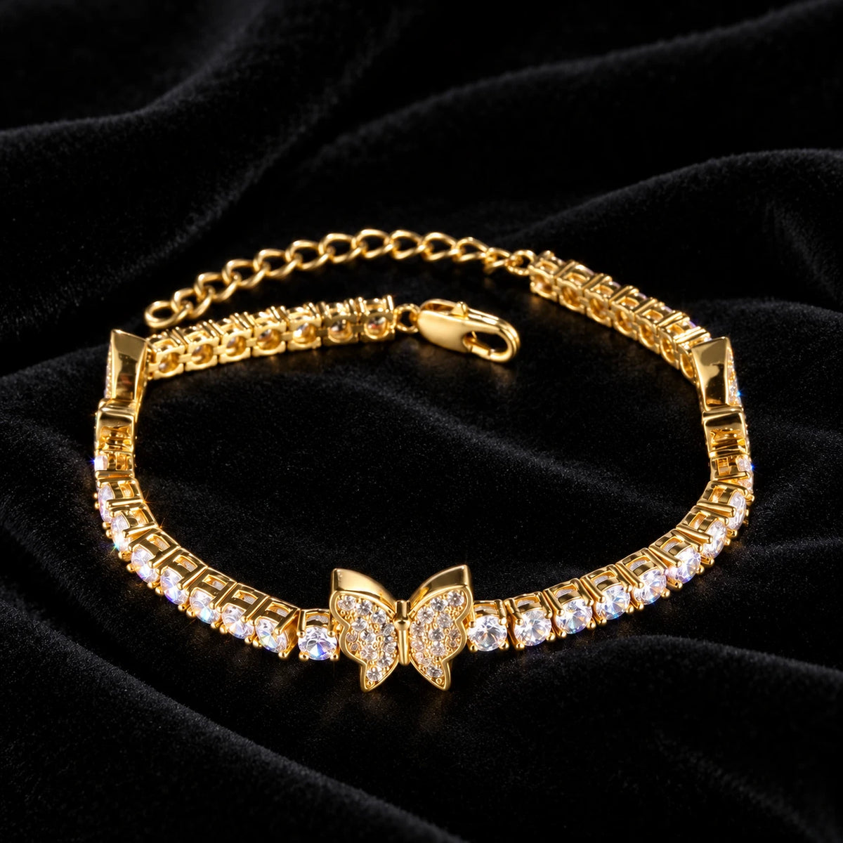 4mm Butterfly Tennis Bracelet — original finish on black velvet with moissanite fire