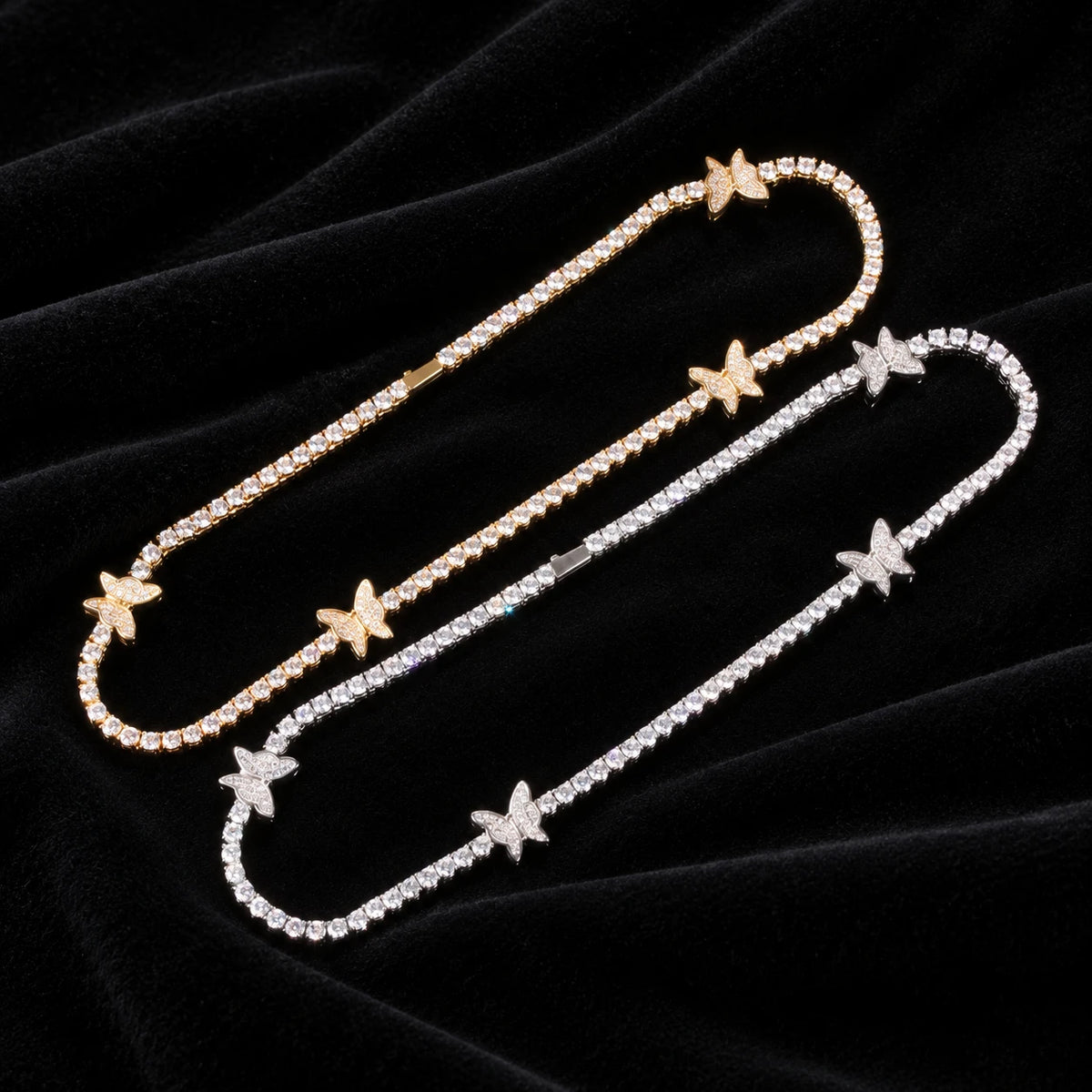 4mm Butterfly Tennis Chain — original finish on black velvet with moissanite fire