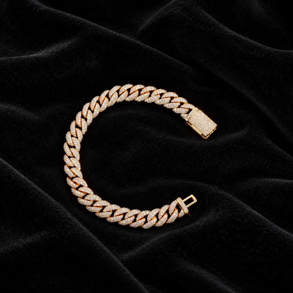Iced Cuban Bracelet — original finish on black velvet with moissanite fire