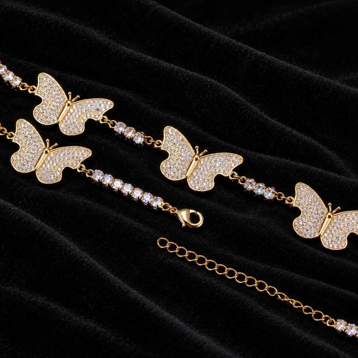 Butterfly Tennis Bracelet — original finish on black velvet with moissanite fire