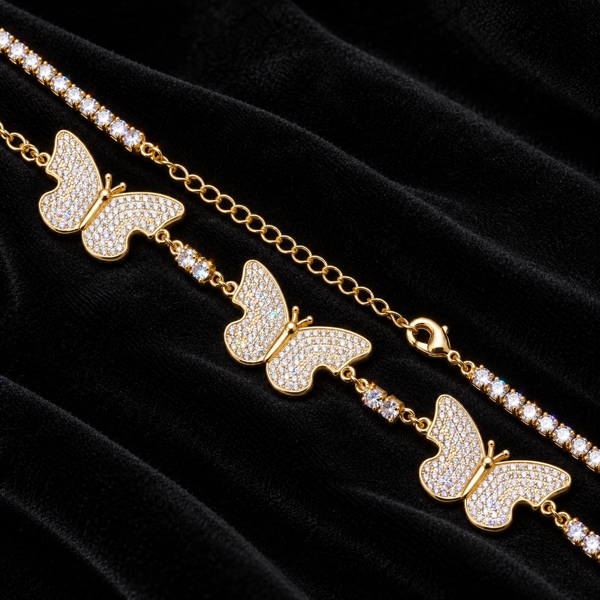 Butterfly Tennis Bracelet — original finish on black velvet with moissanite fire