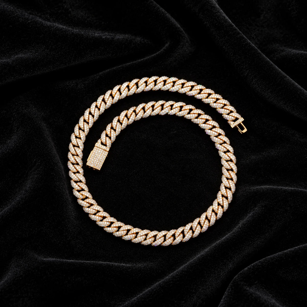 Iced Cuban Chain — original finish on black velvet with moissanite fire