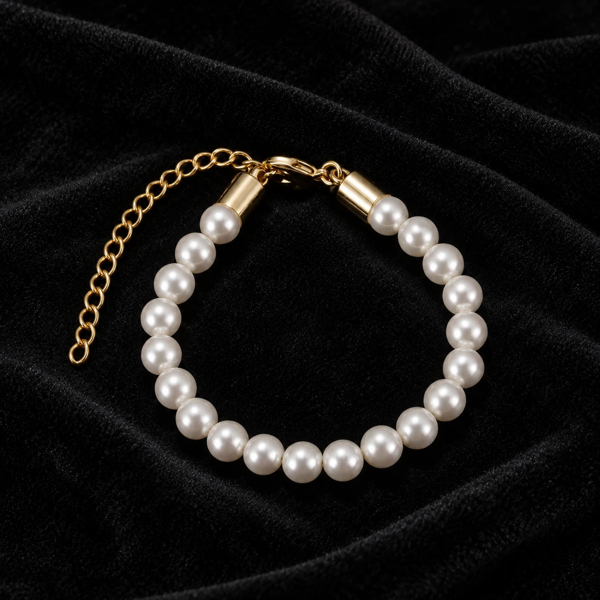 6mm Pearl Bracelet — original finish on black velvet with moissanite fire