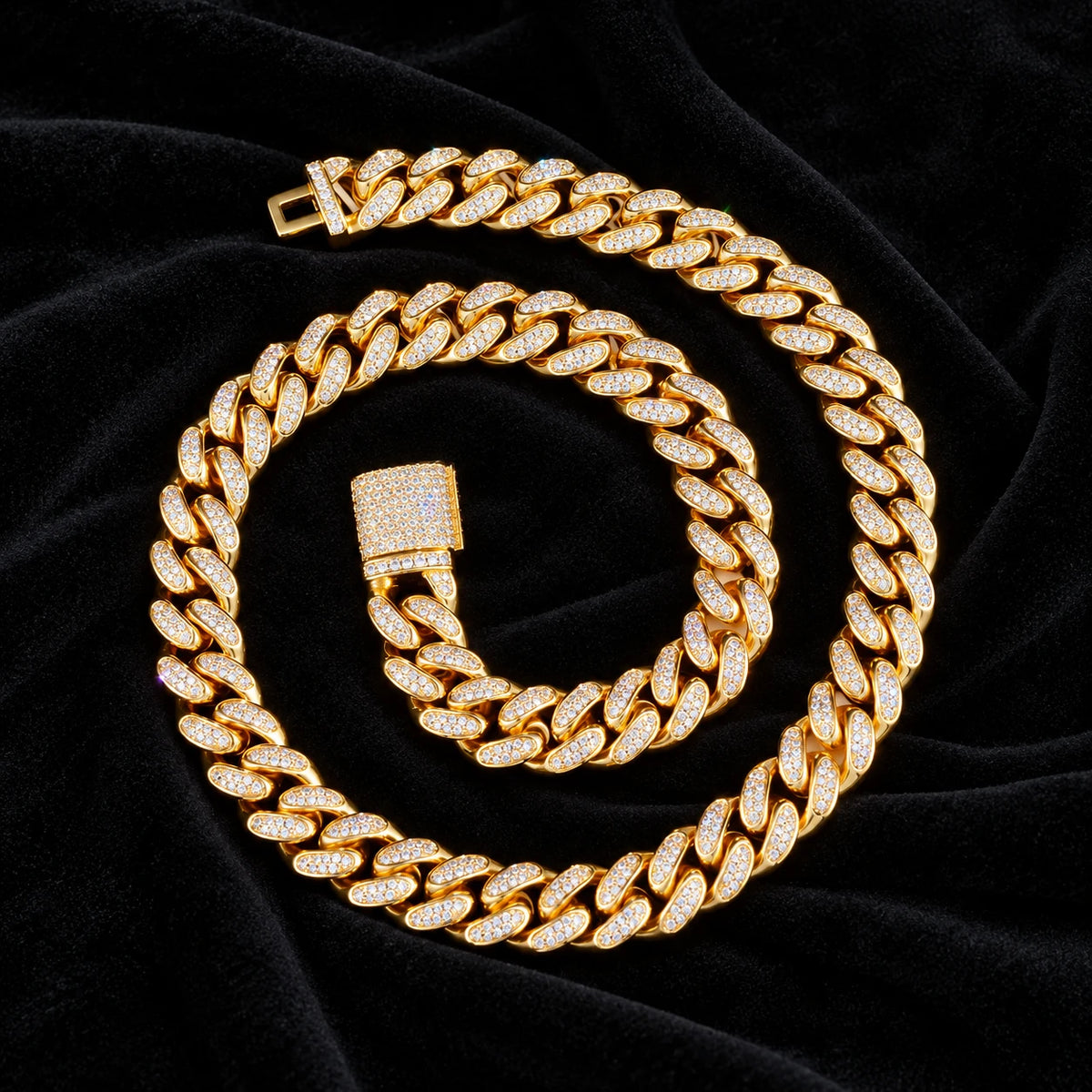 12mm Cuban Bracelet — original finish on black velvet with moissanite fire