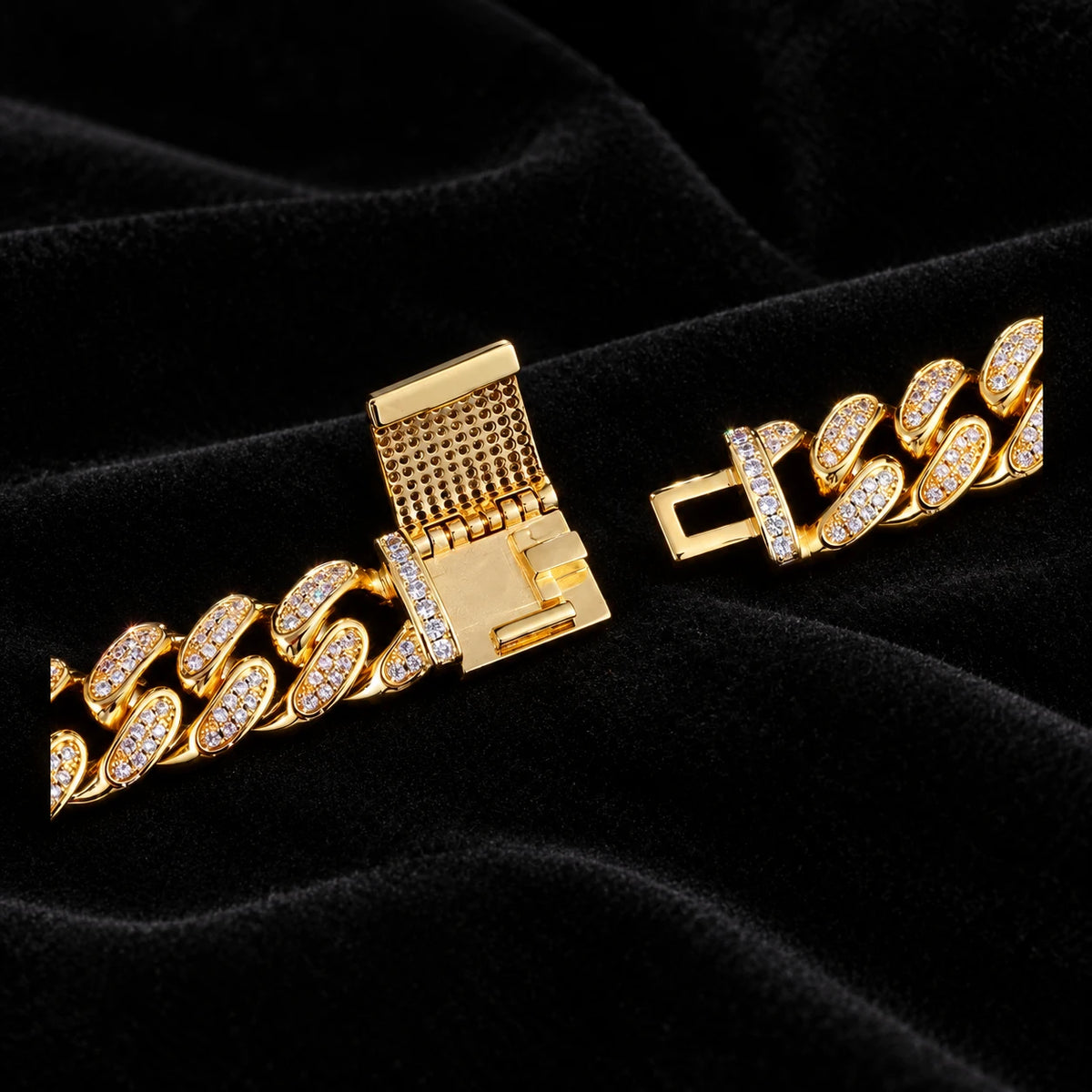 12mm Cuban Chain — original finish on black velvet with moissanite fire