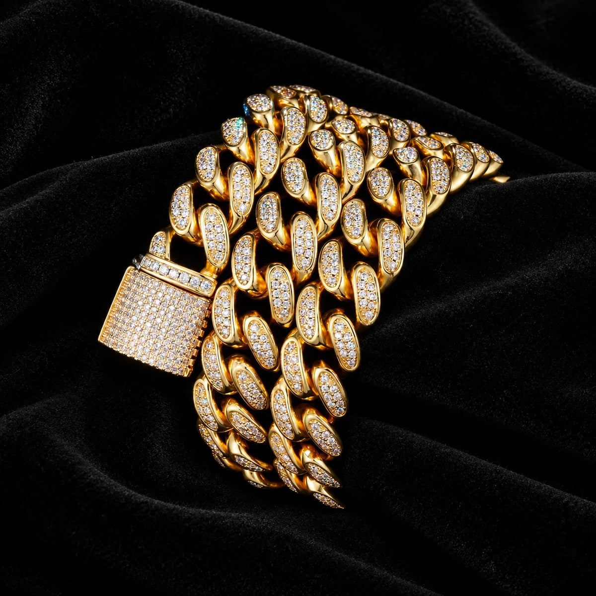 12mm Cuban Chain — original finish on black velvet with moissanite fire