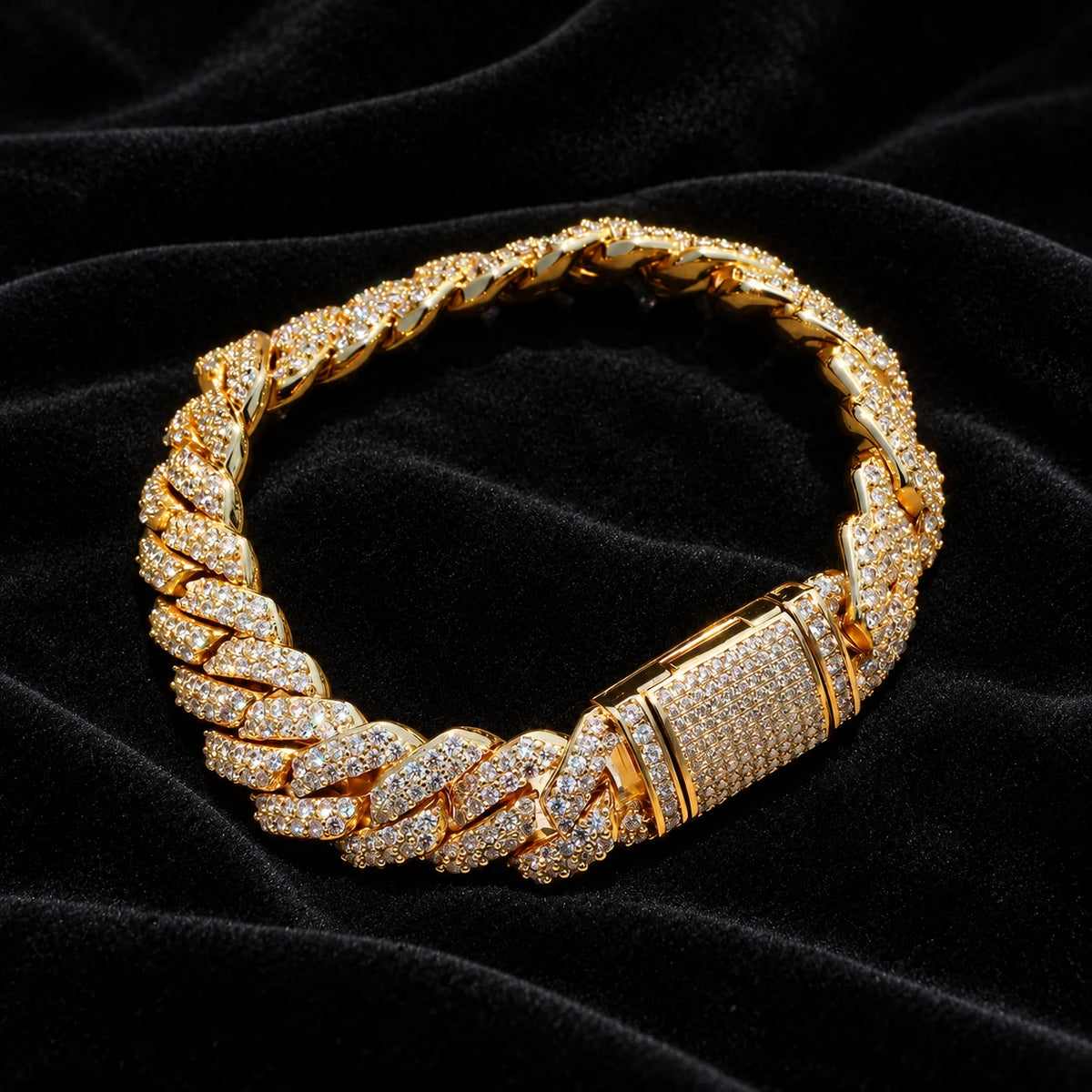 14mm Prong Cuban Bracelet — original finish on black velvet with moissanite fire