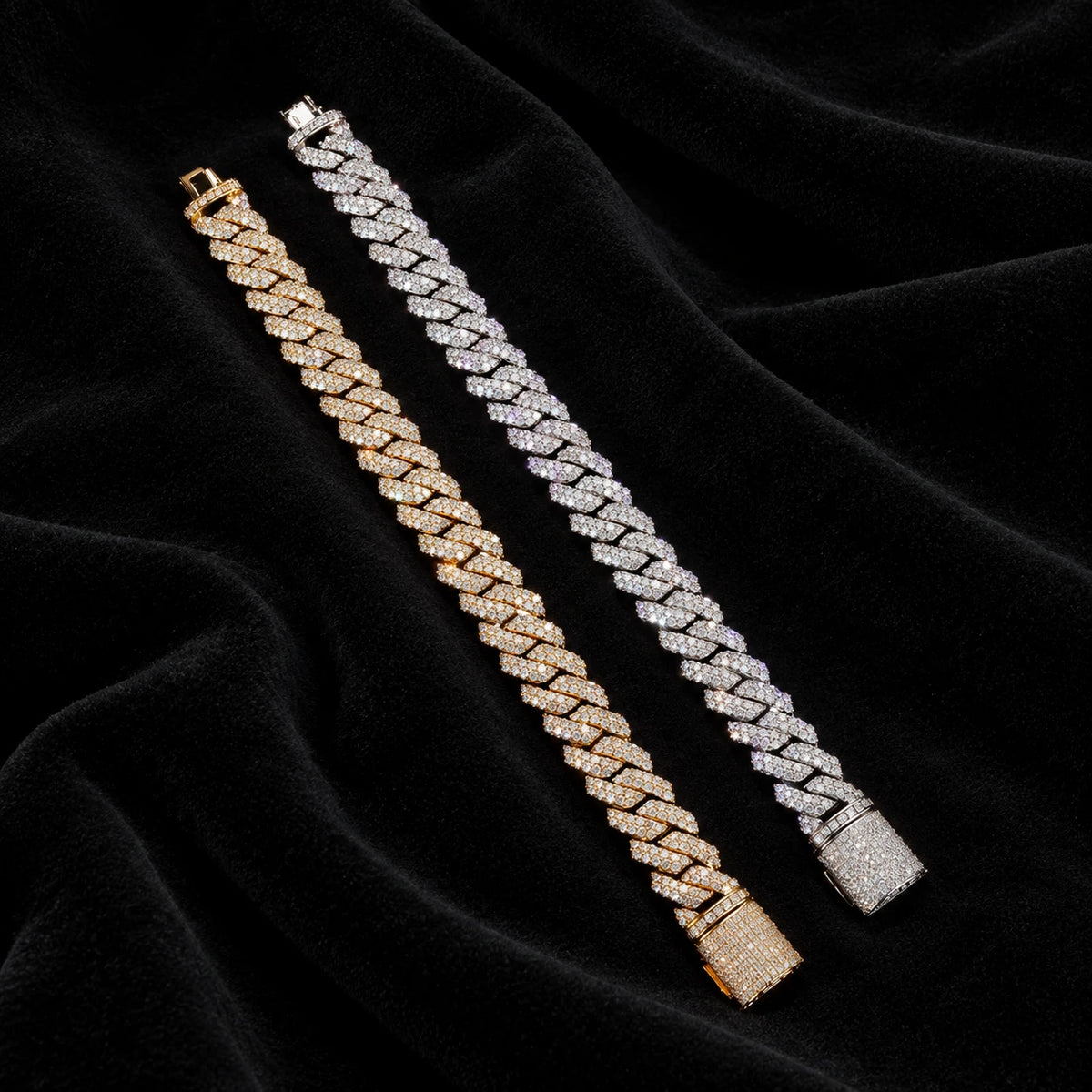 14mm Prong Cuban Bracelet — original finish on black velvet with moissanite fire