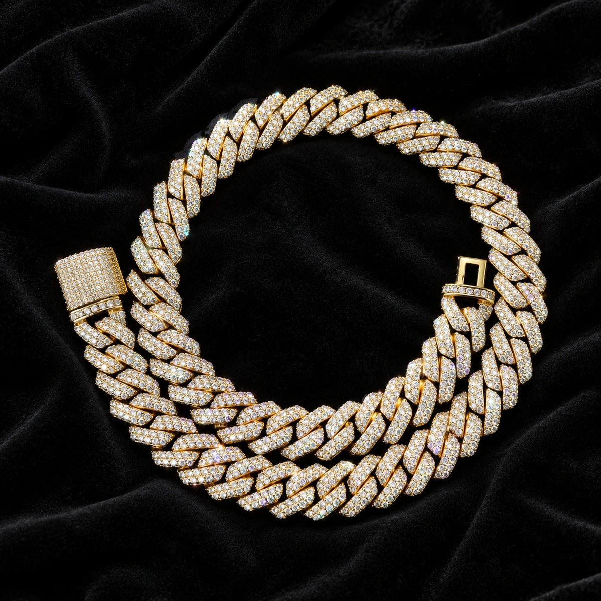 14mm Prong Cuban Chain — original finish on black velvet with moissanite fire