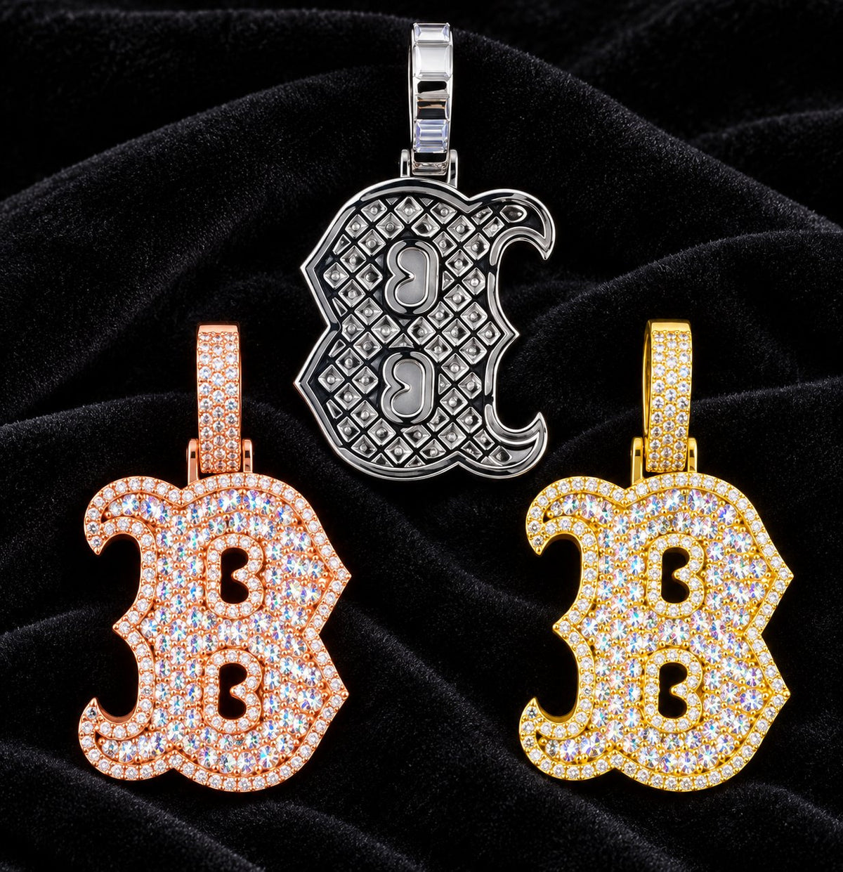 Ornate Letter B Moissanite Pendant on a black background