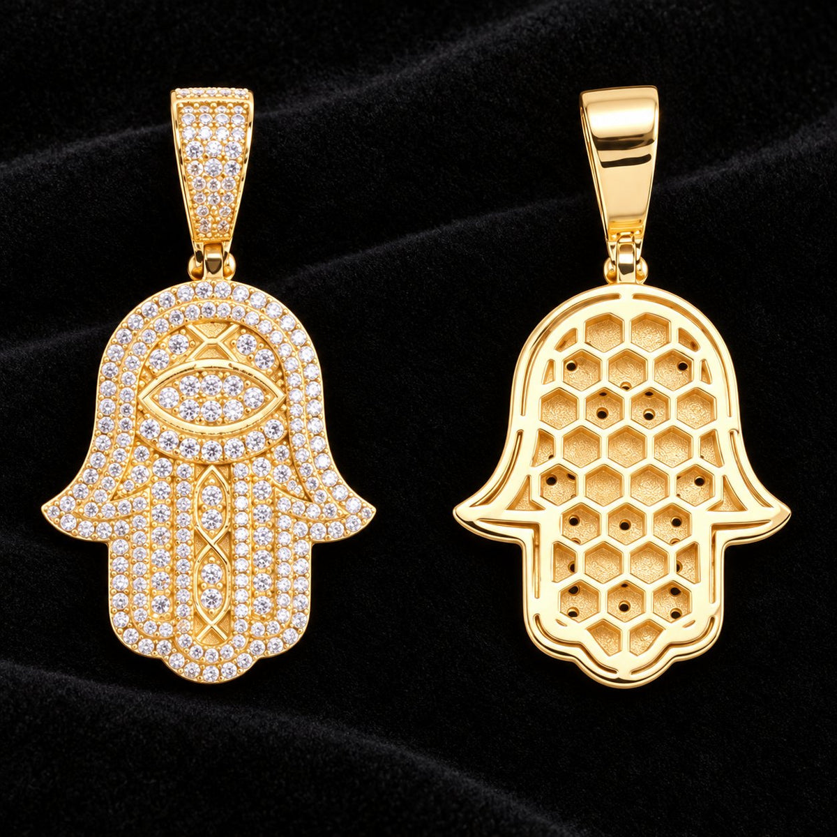 Outlined Eye Hamsa Moissanite Pendant on a black background