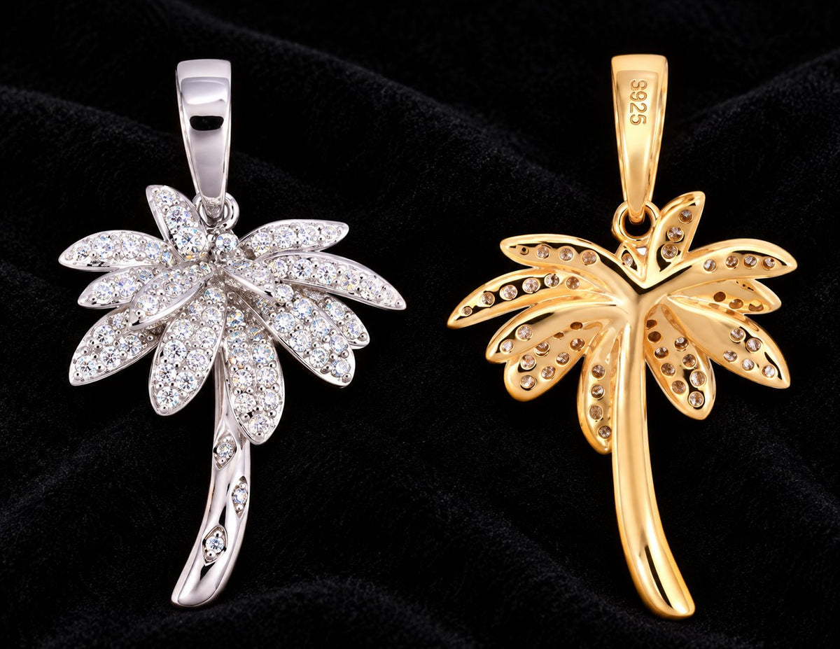 Palm Tree Moissanite Pendant on a black background