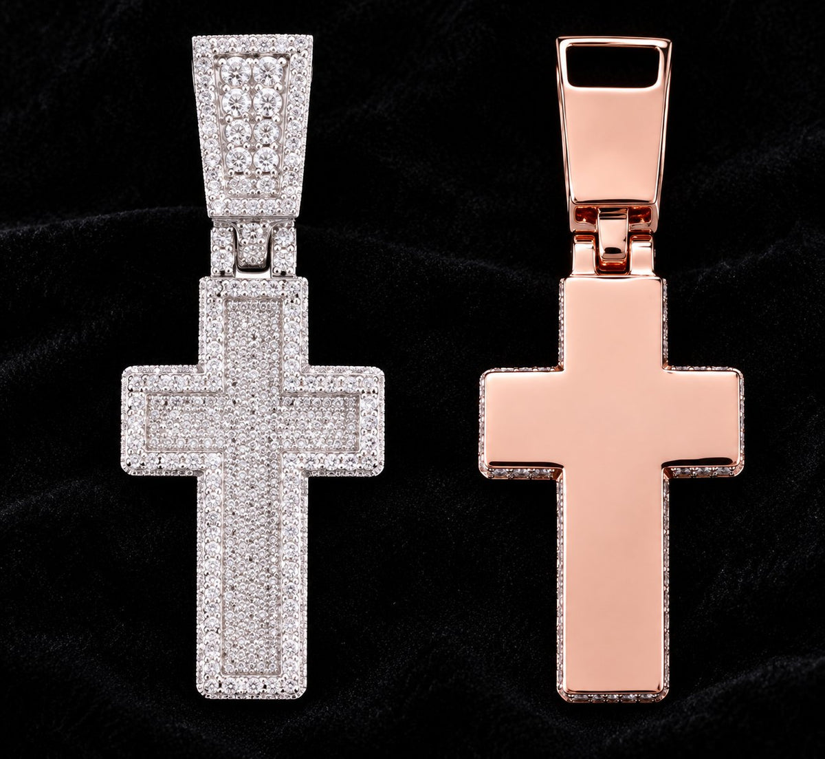 Panel Cross Moissanite Pendant on a black background