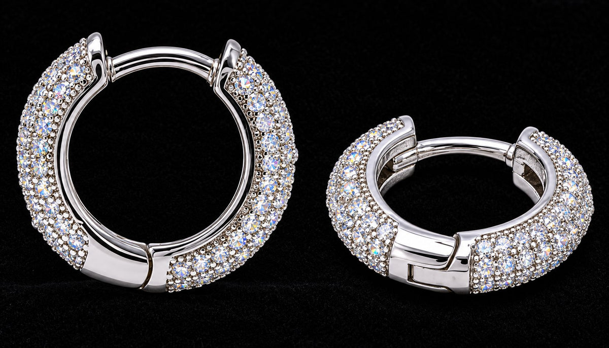 Pave Moissanite Hoop Earrings on a black background
