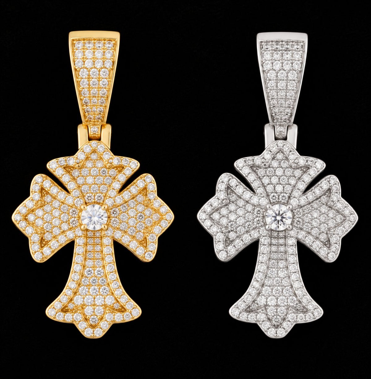 Radiant Floral Cross Moissanite Pendant on a black background