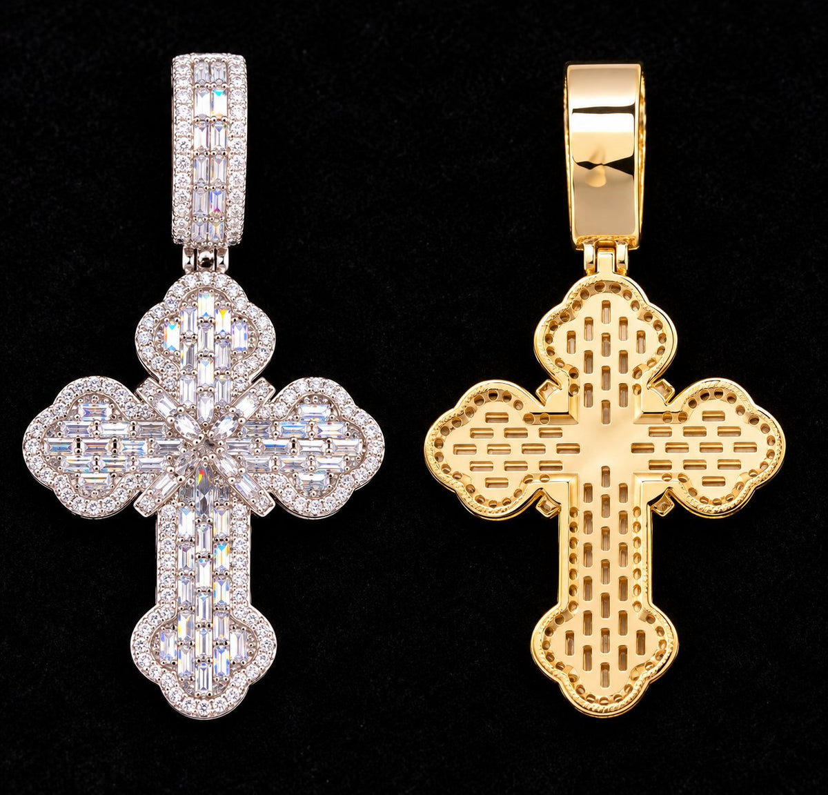 Raised Cluster Cross Moissanite Pendant on a black background