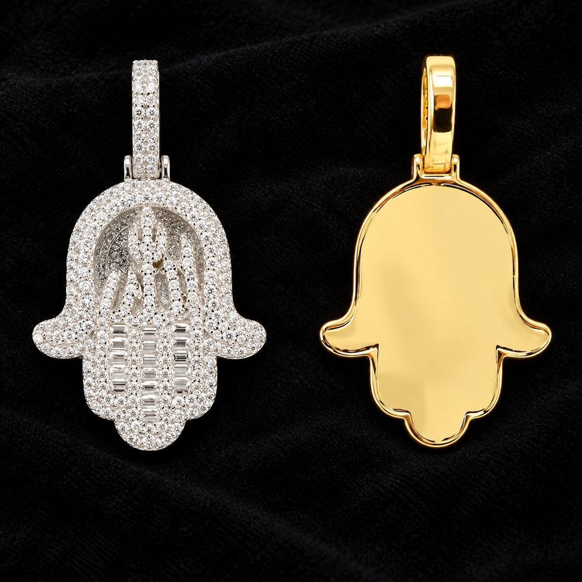 Raised Motif Hamsa Moissanite Pendant on a black background