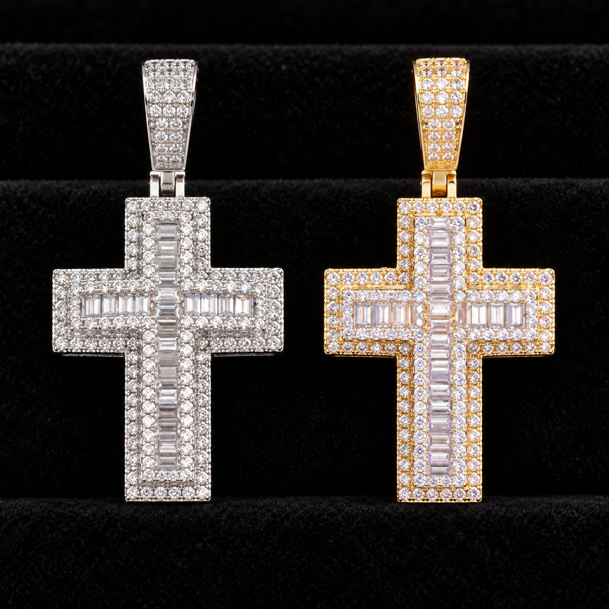 Rectangle Mosaic Cross Moissanite Pendant on a black background