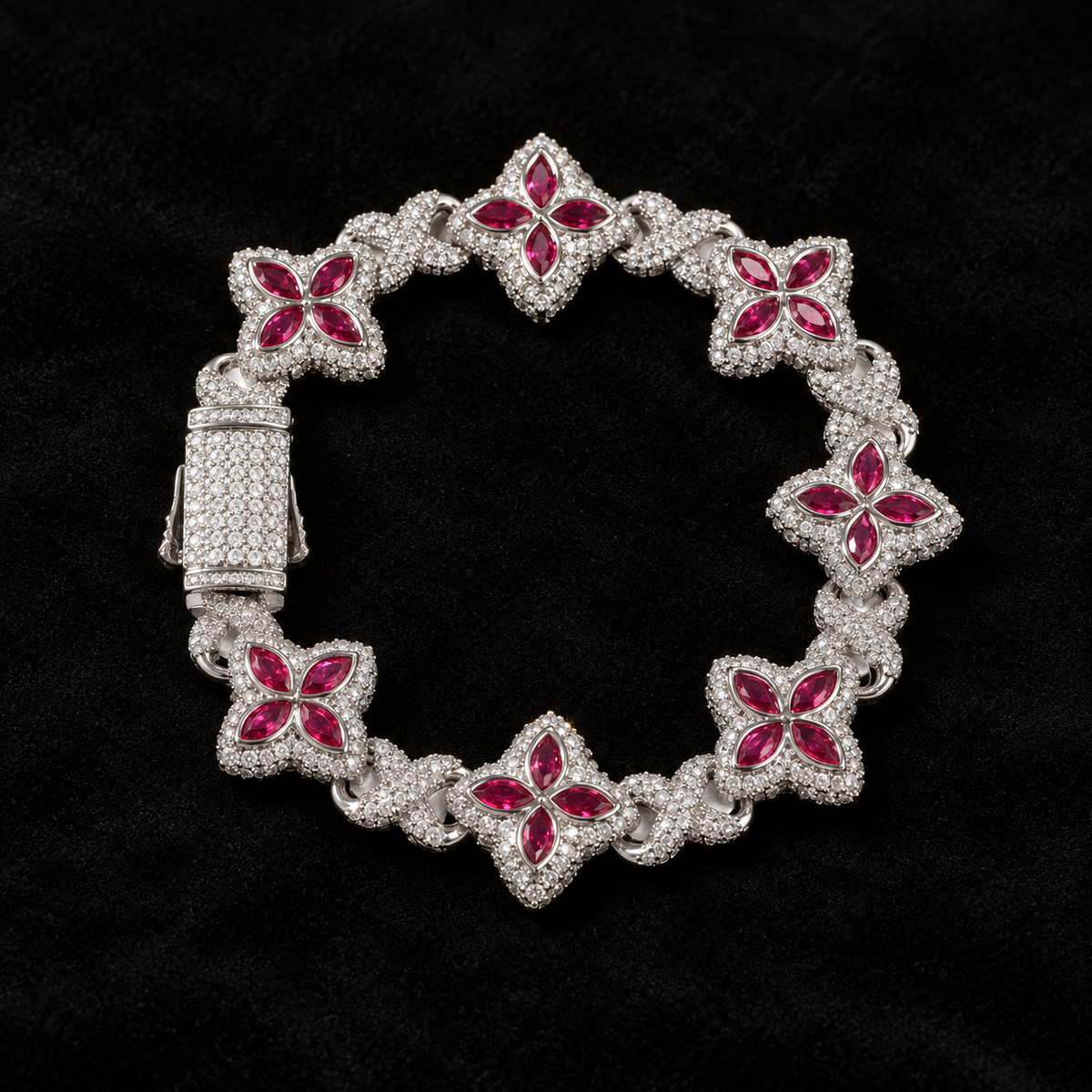 Iced Out Lucky Clover Tennis Bracelet on a black background