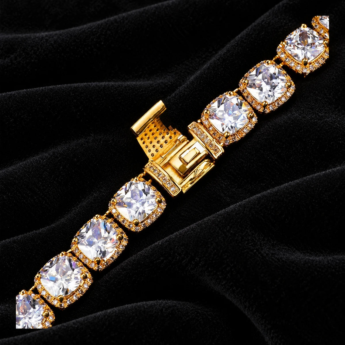 Square Tennis Bracelet — original finish on black velvet with moissanite fire