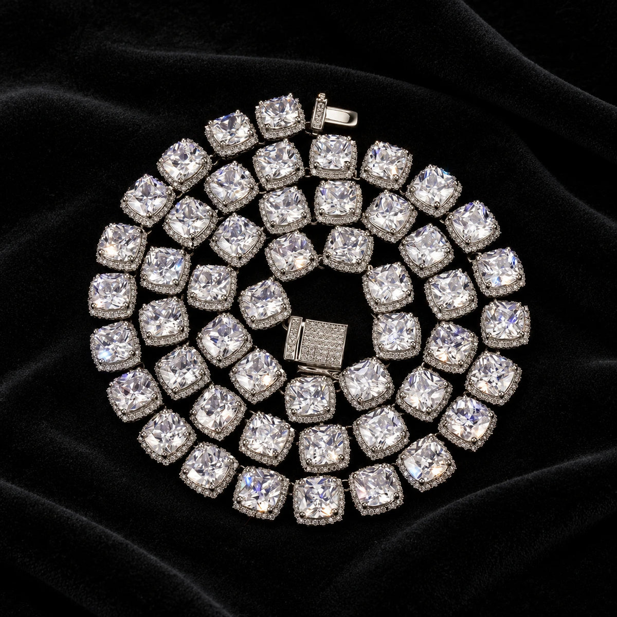 Square Tennis Chain — original finish on black velvet with moissanite fire