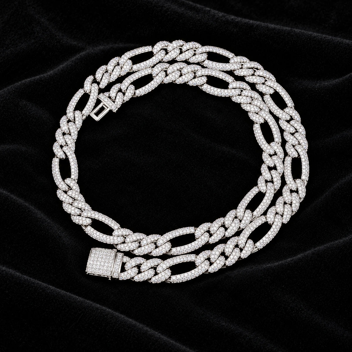 10mm Figaro Chain in white metal on black velvet