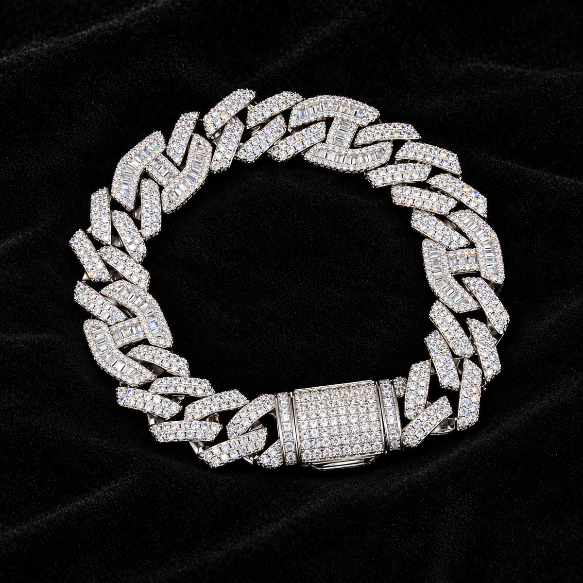14mm Prong Baguette Cuff Bracelet on a black background