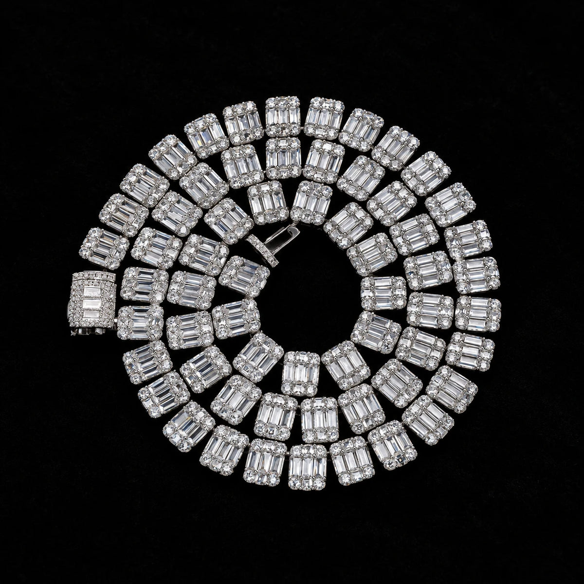 Square Baguette Tennis Chain on a black background