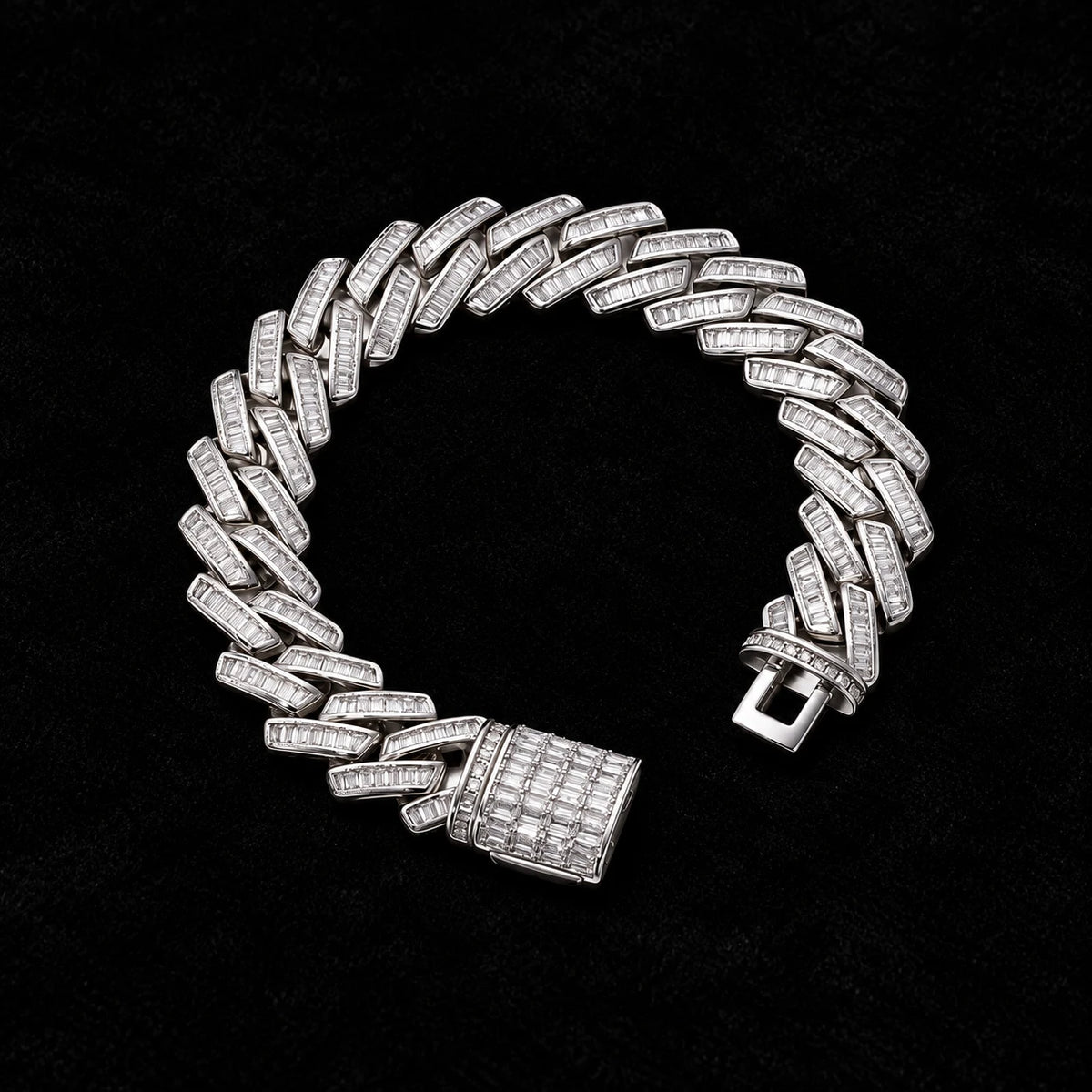 Prong Baguette Cuban Bracelet on a black background