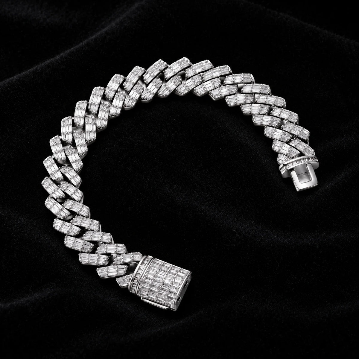 Prong Baguette Cuban Bracelet on a black background