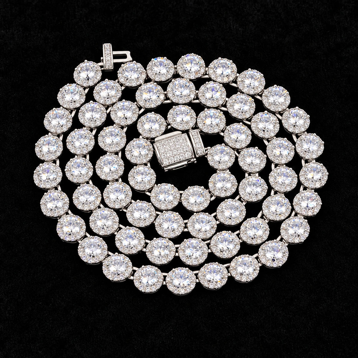 7mm Round Cluster Tennis Chain on a black background