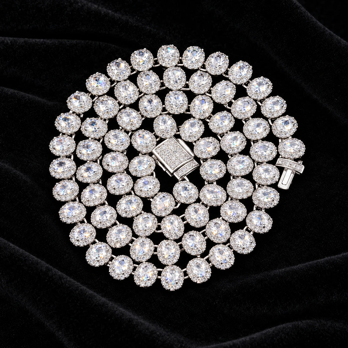 7mm Oval Cluster Tennis Chain on a black background