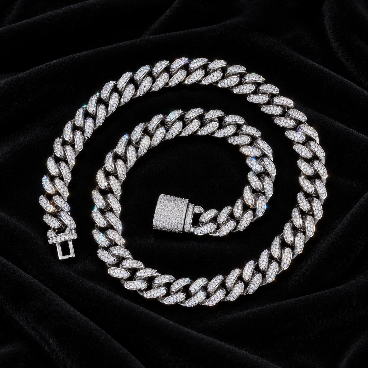 12mm Cuban Bracelet — original finish on black velvet with moissanite fire