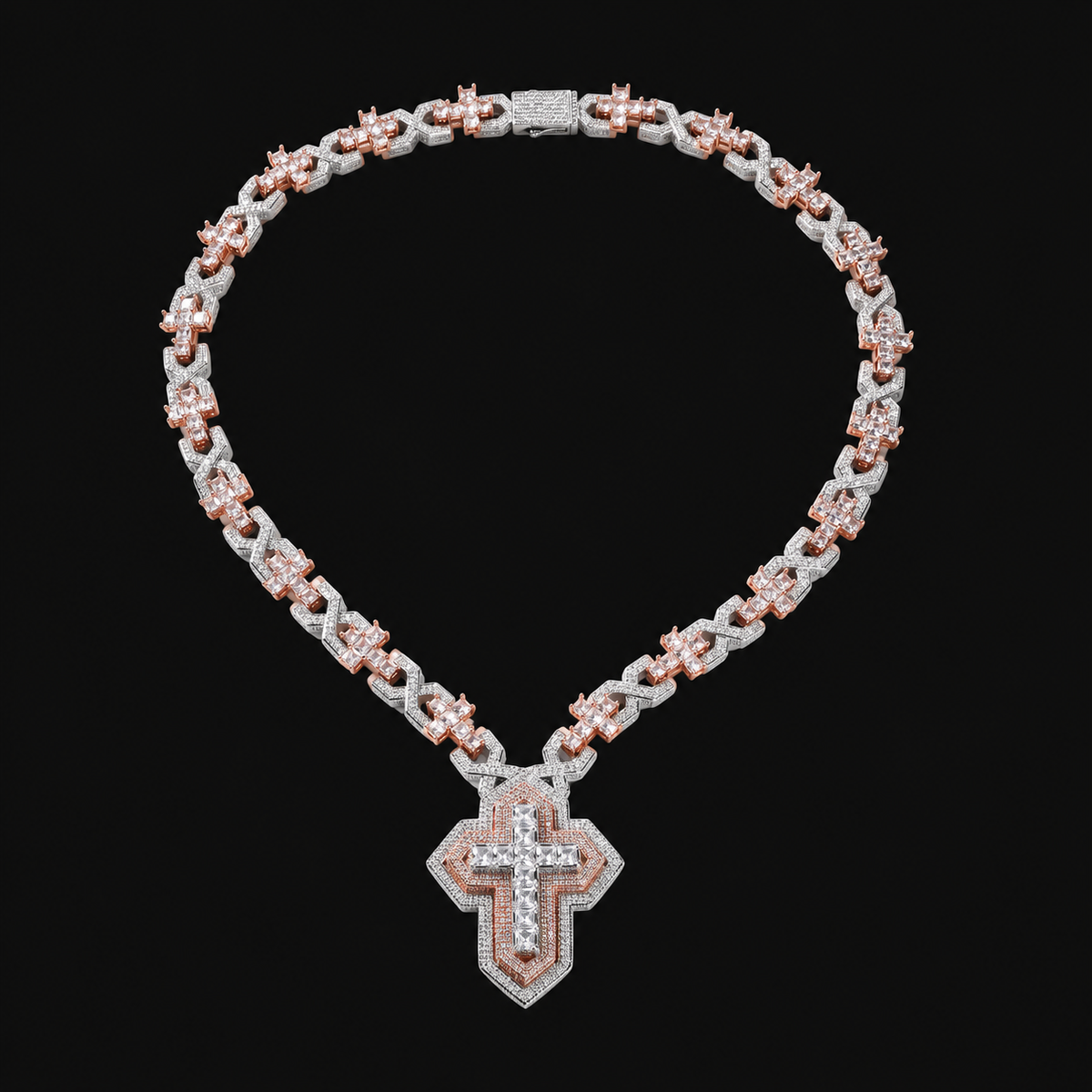 Two-Tone Cross Pendant & Chain on a black background