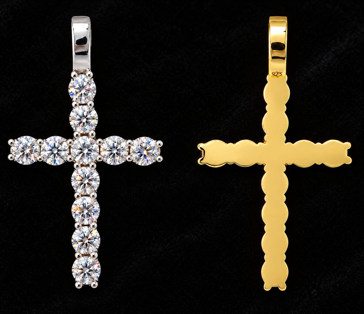 Round-Setting Cross Moissanite Pendant on a black background