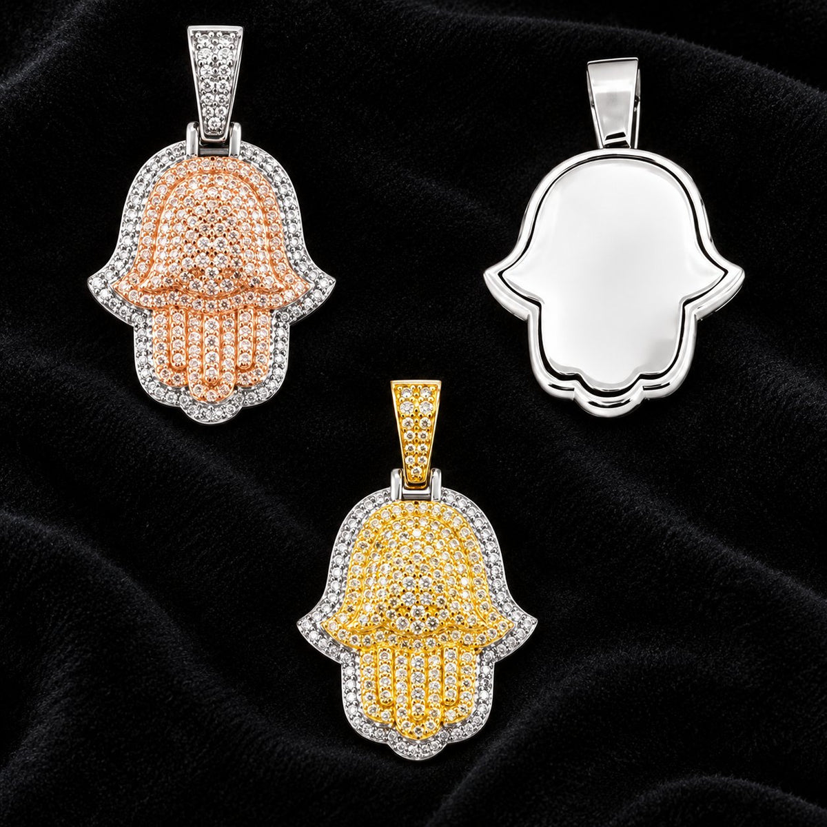 Rounded Hamsa Moissanite Pendant on a black background