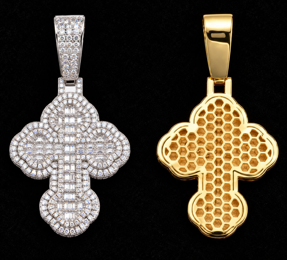 Rounded Mosaic Cross Moissanite Pendant on a black background
