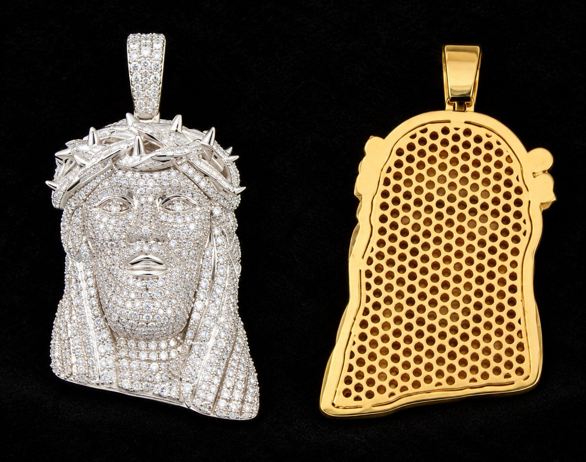 Sculpted Crown Jesus Moissanite Pendant on a black background