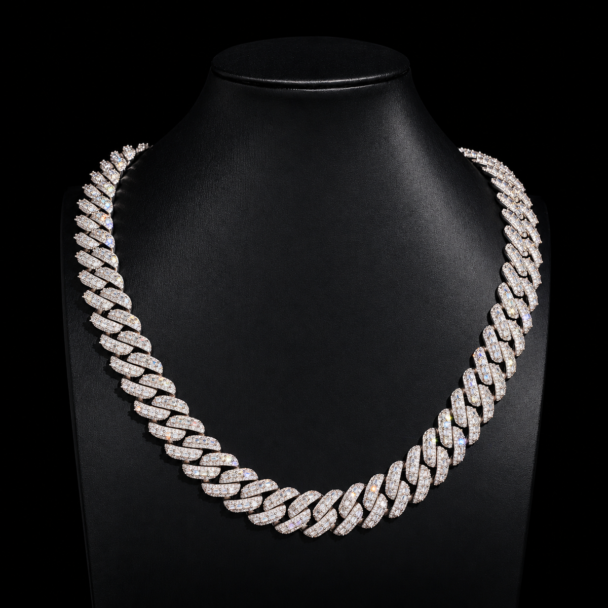 14MM Moissanite Baguette Miami Cuban Link Chain – S925 Silver on black background