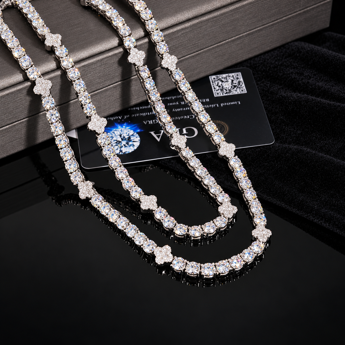 5MM Moissanite Clover Tennis Chain – S925 Silver with GRA card in the background