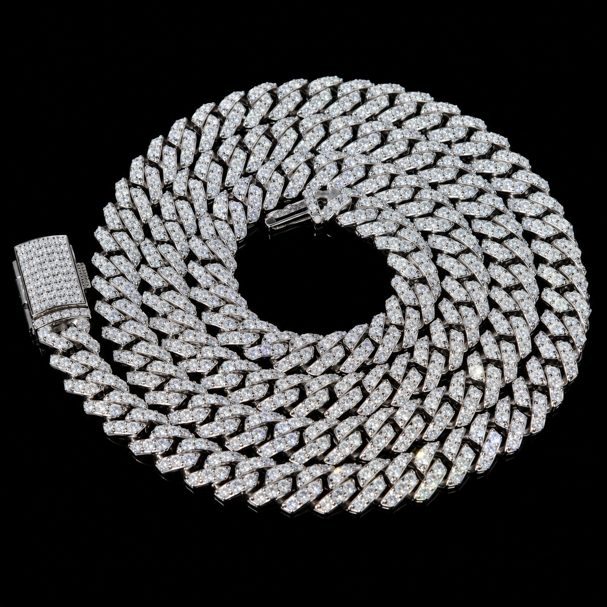 6MM Moissanite Domed Pavé Cuban Link Chain – S925 Silver on black background
