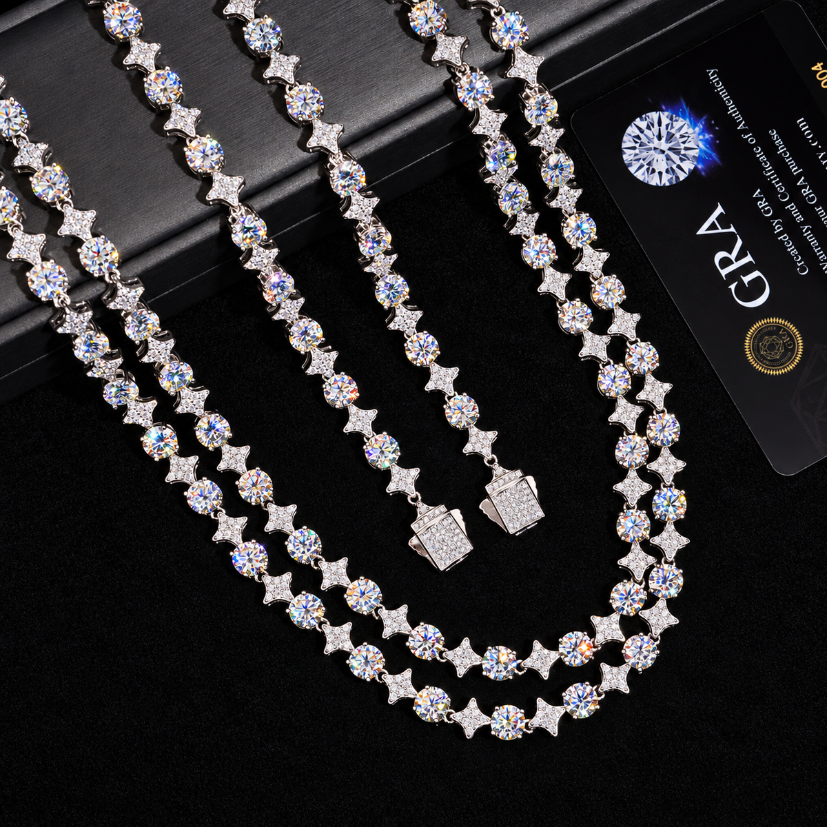 8MM Moissanite Star Tennis Chain – S925 Silver with GRA card in the background