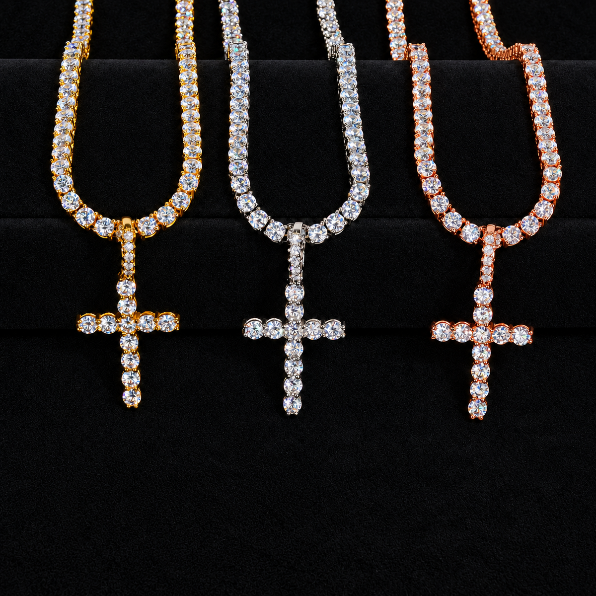 Iced Out Moissanite Cross Pendant – 925 Sterling Silver, GRA Certified on black background