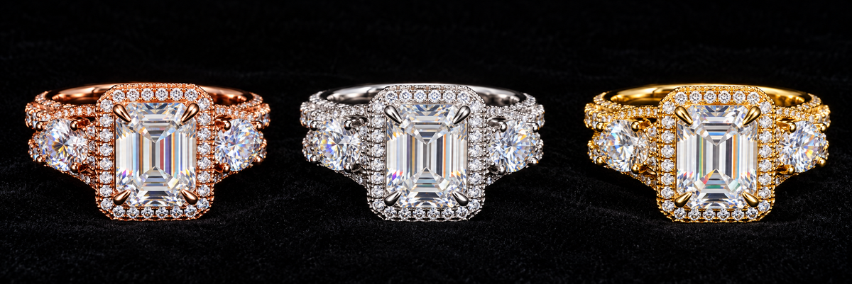 Rectangle Halo Side-Stone Moissanite Ring on black background