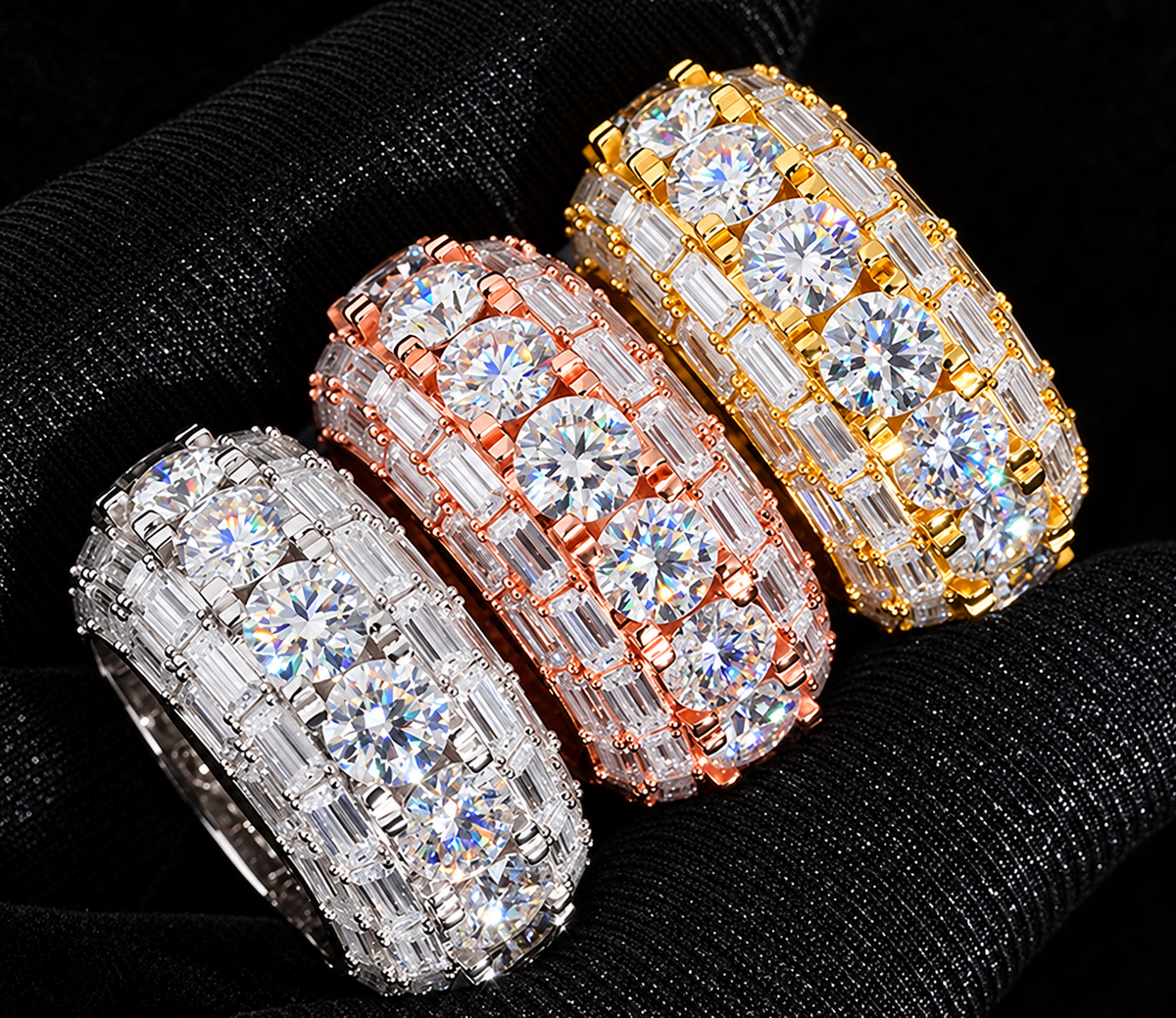 Mixed-Setting Moissanite Band on black background