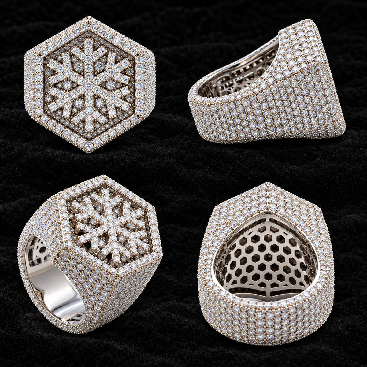 Snowflake Panel Moissanite Ring on a black background