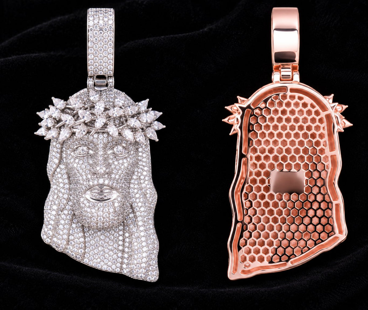Spiked Crown Jesus Moissanite Pendant on a black background